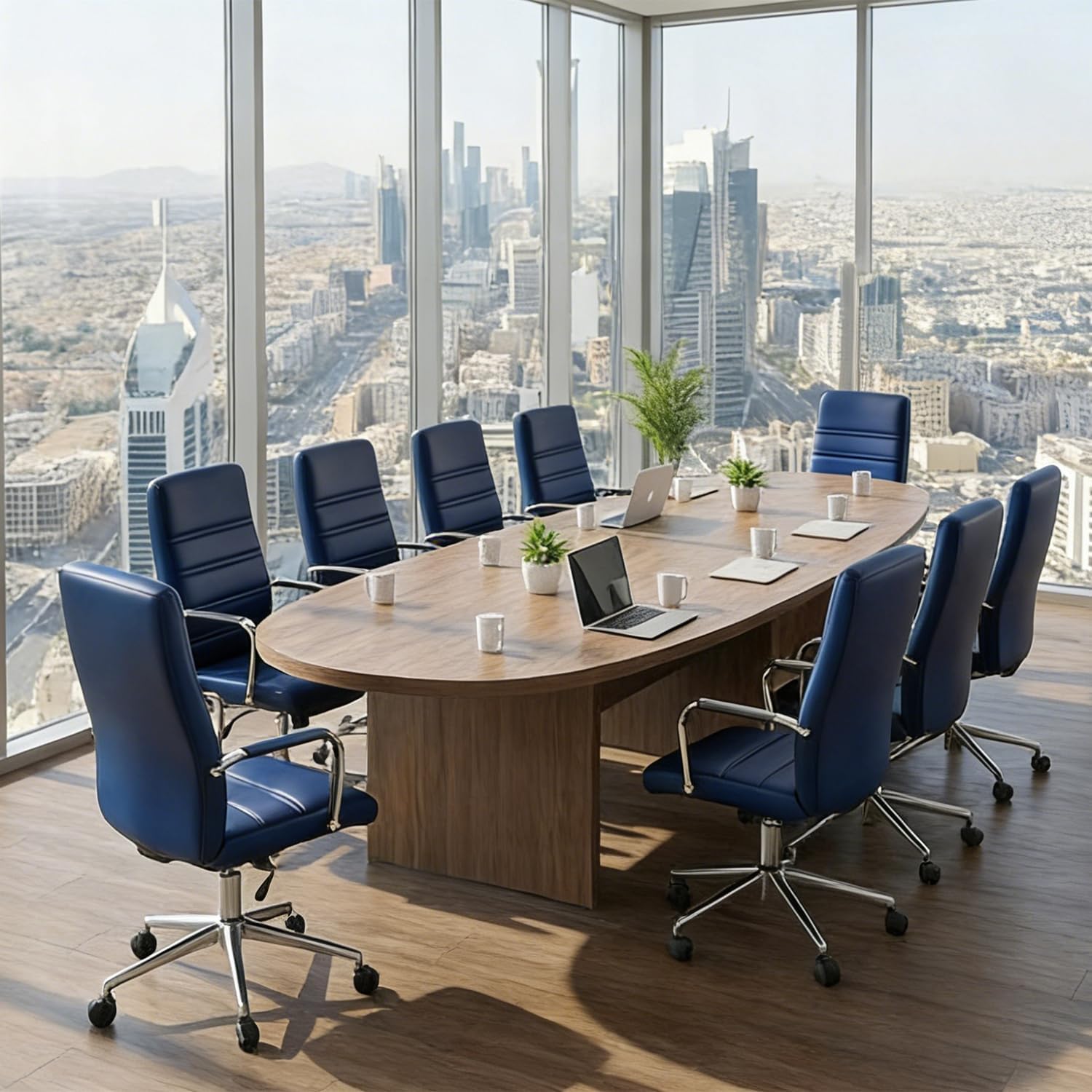 Office Desk Chair Leather, Conference Room Chairs with Wheels, Modern Executive Office Chairs Adjustable Height, Ergonomic Swivel Rolling Ribbed Computer Chair(Navy Blue)