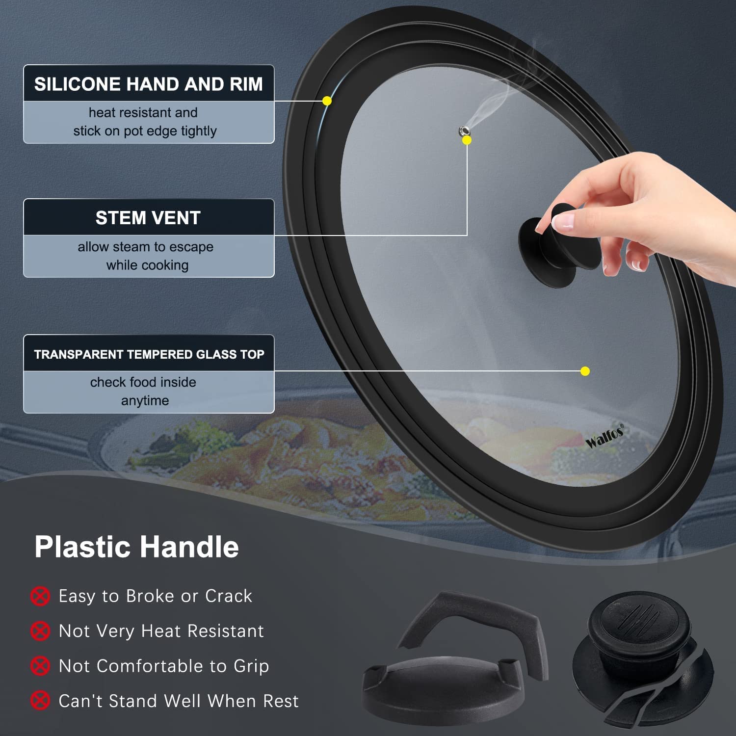 Walfos Tapa universal para ollas, sartenes y sartenes. Se adapta a utensilios de cocina de 33 cm, 36 cm y 38 cm de diámetro, tapa de vidrio con borde de silicona resistente al calor, (negro)