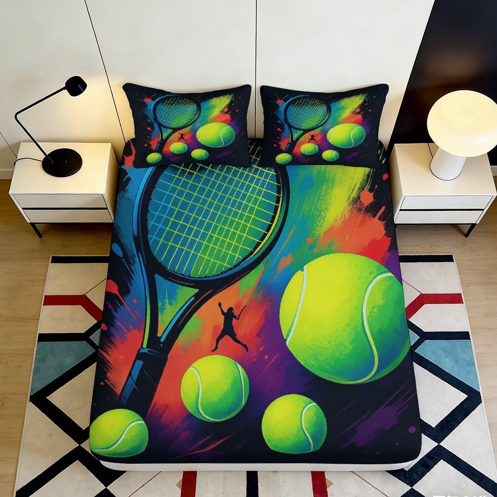 3D Printed Tennis Racket Fitted Sheet Microfiber Soft Colourful Tennis Ball Mattress Cover Bedroom Dorm Decor 90x200x25cm