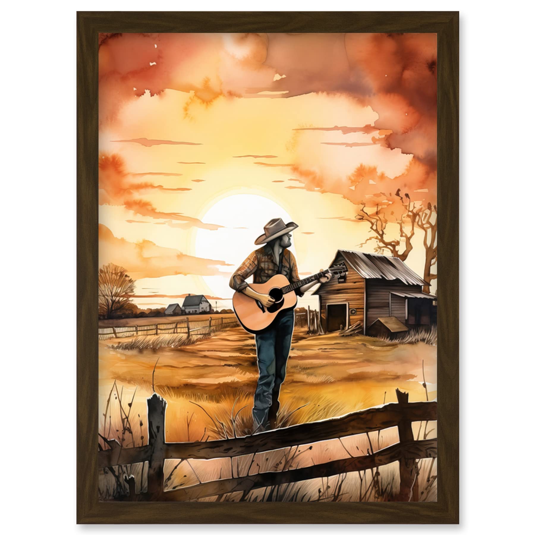 Artery8 Man Playing Country Music Guitar in Countryside Farm on Sunset Modern Watercolour Painting Artwork Framed Wall Art Print A4