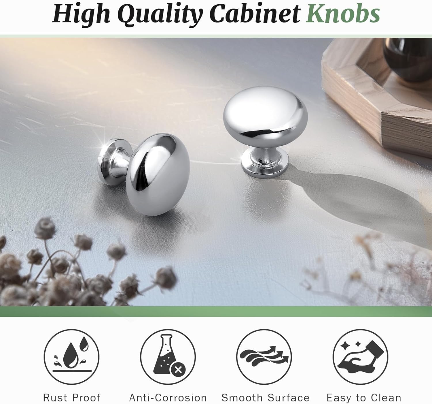 Knobonly 25 Pack Cabinet Knobs, Polished Chrome 1-1/4 Inch Kitchen Drawer Pulls, Solid Zinc Drawer Handles for Dresser Drawers
