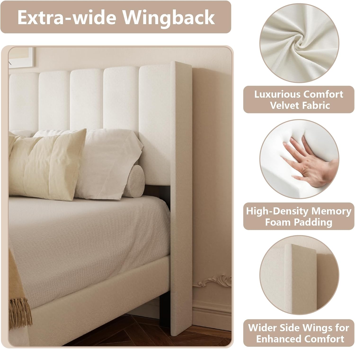 King Size Bed Frame with Vertical Chanel Tufted Headboard and Wingback, Upholstered Platform Bed, Strong Wooden Slats, Easy Assembly, Noise Free, No Box Spring Needed, Beige Velvet - Image 3