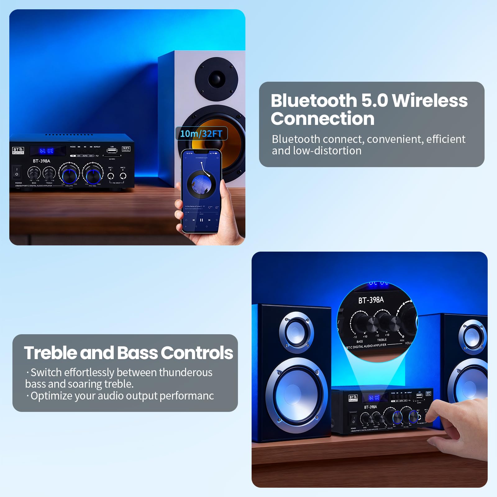 BT-398A Amplificateur Audio, Amplificateur Bluetooth 5.0 2.0 canaux 60Wx2 Mini Amplificateur haut-parleurs Amplificateurs de son numériques avec radio FM USB SD Card pour système audio home cinéma