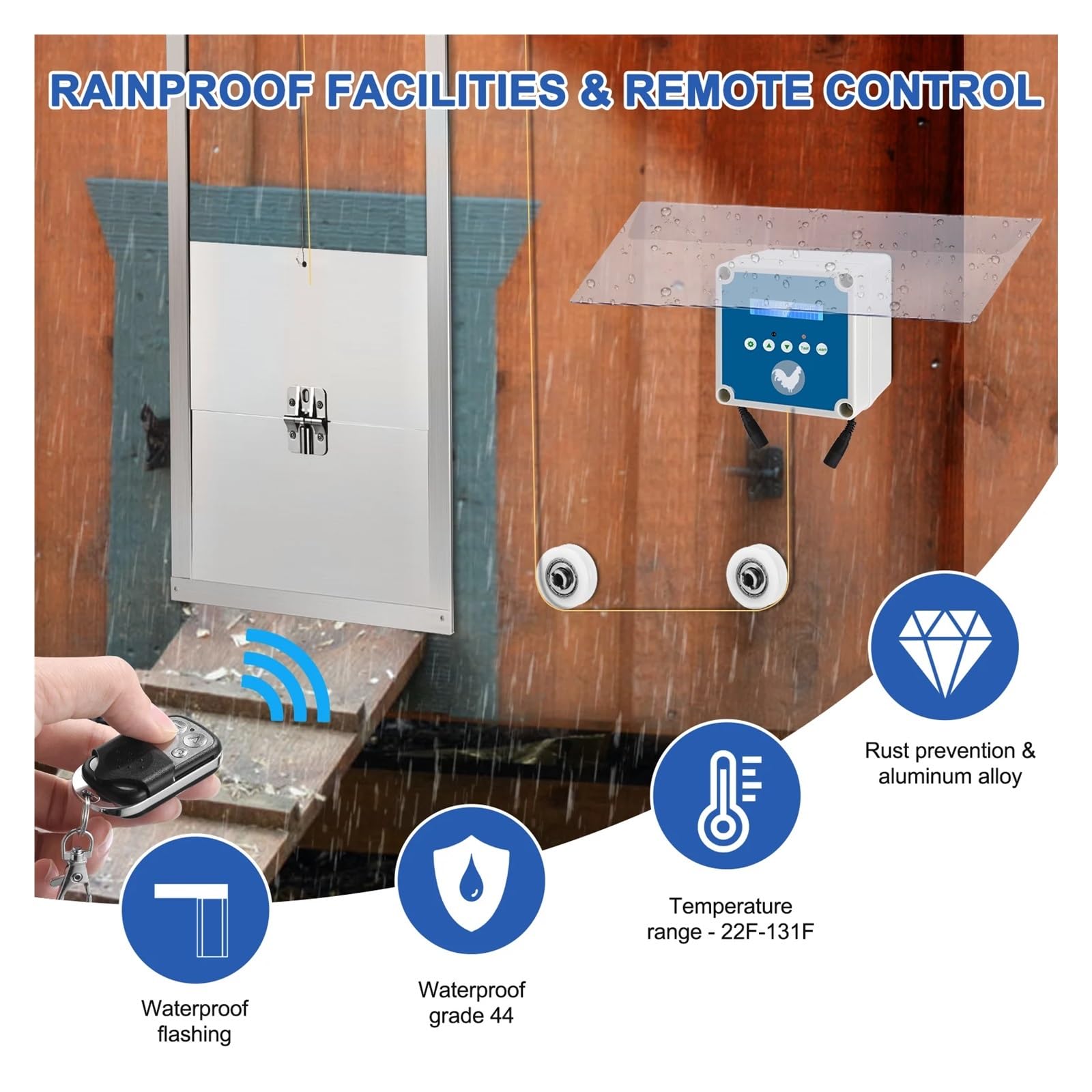 Puerta Automática For Gallinero con Temporizador, Sensor De Luz, Pantalla LCD, Función Alarma Batería Baja, 4 Modos Configuración, 2 Controles Remotos Seguro Confiable(A)