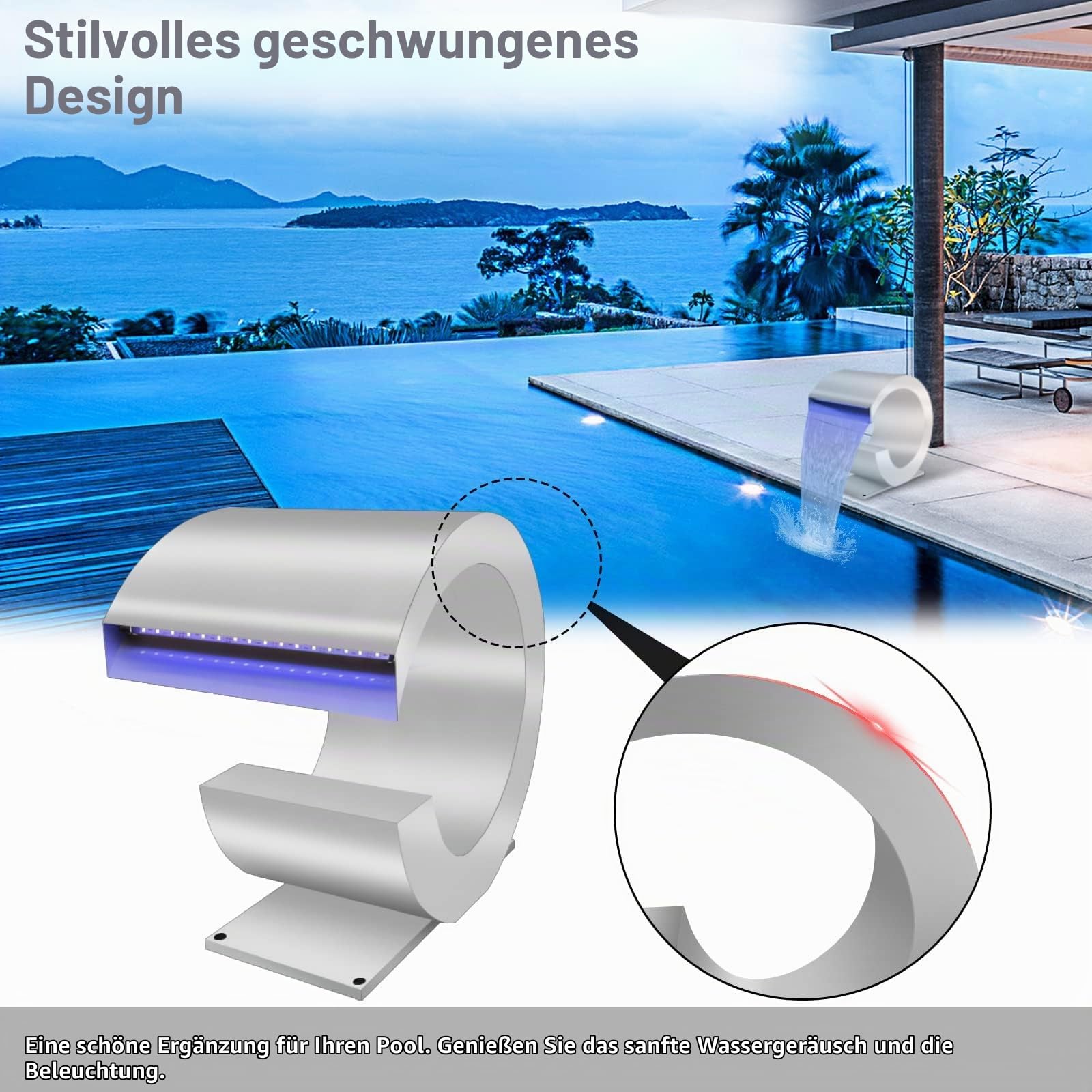 Longrun J -förmiger Wasserfall Spillway Edelstahl Swimmingpool Brunnen, RF & App Kontrollierte LED Licht Outdoor Teichwasserfälle Kit für Garten Terrasse Pool Koi Teiche Dekoration-34.5 cm Höhe