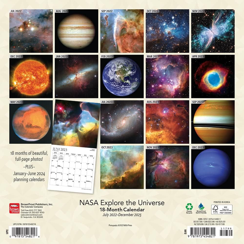 Nasa Calendar 2023 Amazon.com : Nasa Explore The Universe | 2023 12 X 24 Inch 18 Months  Monthly Square Wall Calendar | Foil Stamped Cover | July 2022 - December  2023 | Browntrout | Space Cosmos Inspiration : Office Products