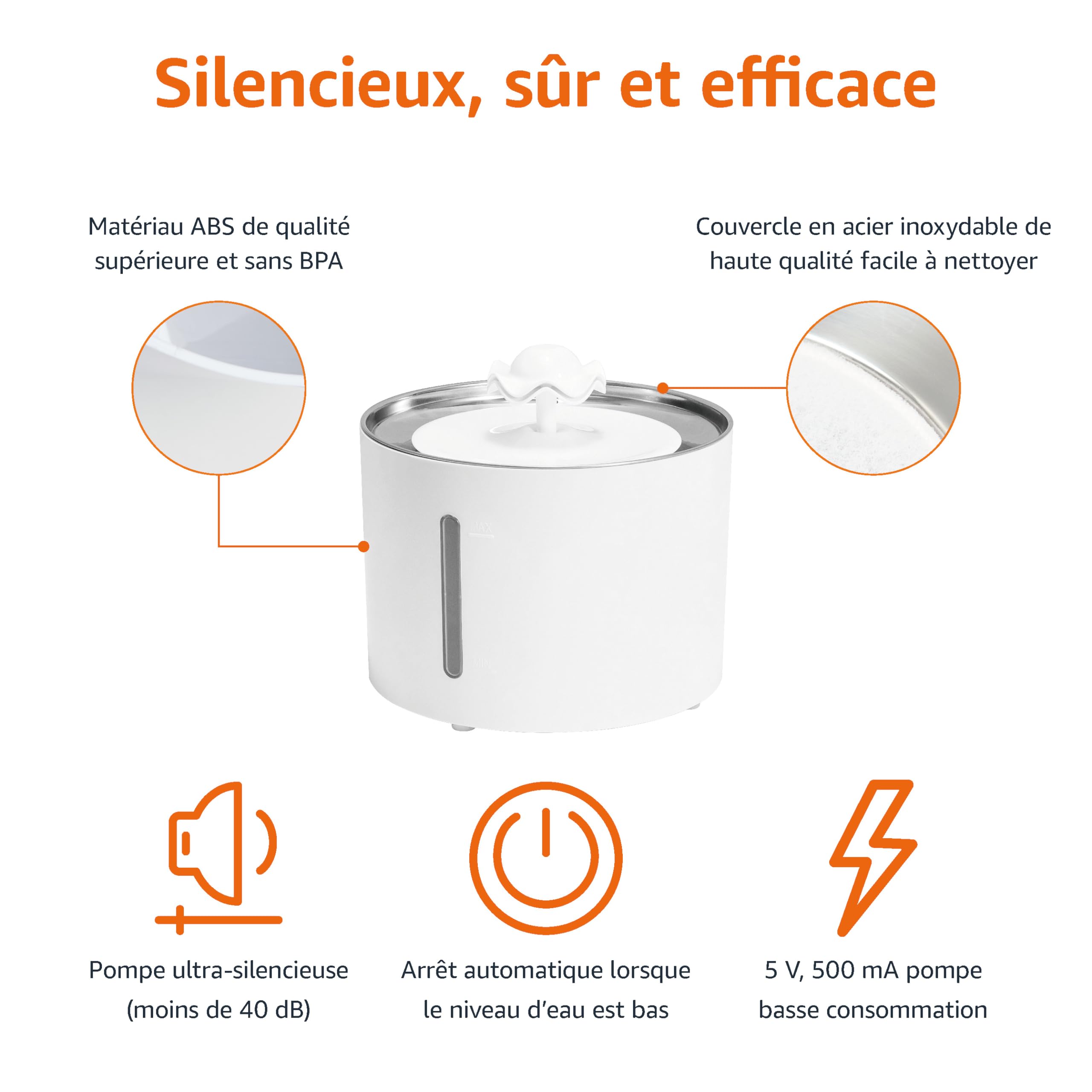 Amazon Basics Fontaine à eau pour chat en acier inoxydable à boire avec 3 filtres, 3 L, Blanc