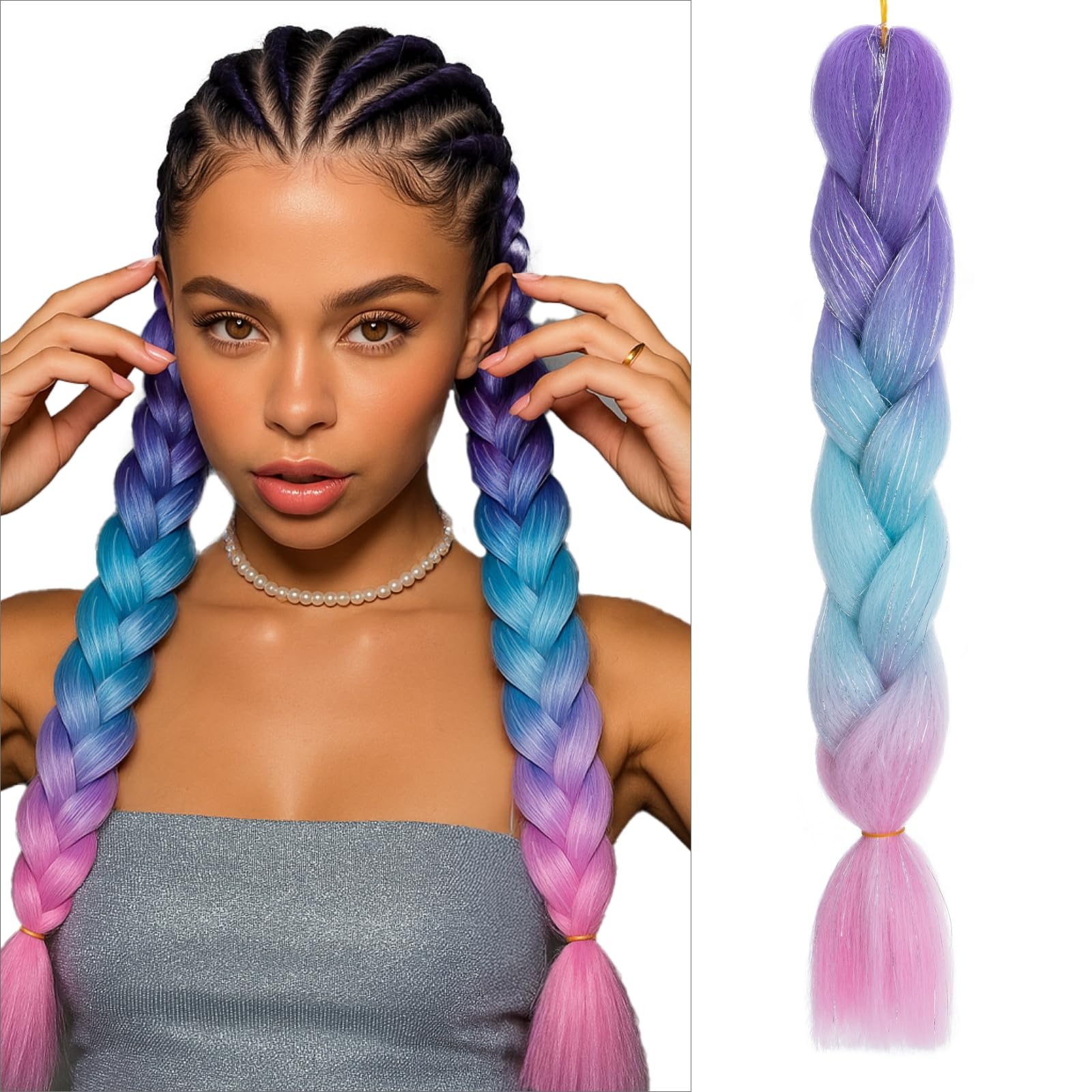 tesshair Braiding Hair Extensions 24 Inch Jumbo Braiding for Twist Braiding Synthetic Fashion Braids Extensions Hair Natural Braid Extensions for Women Grils (Purple-Sky Blue-Pink