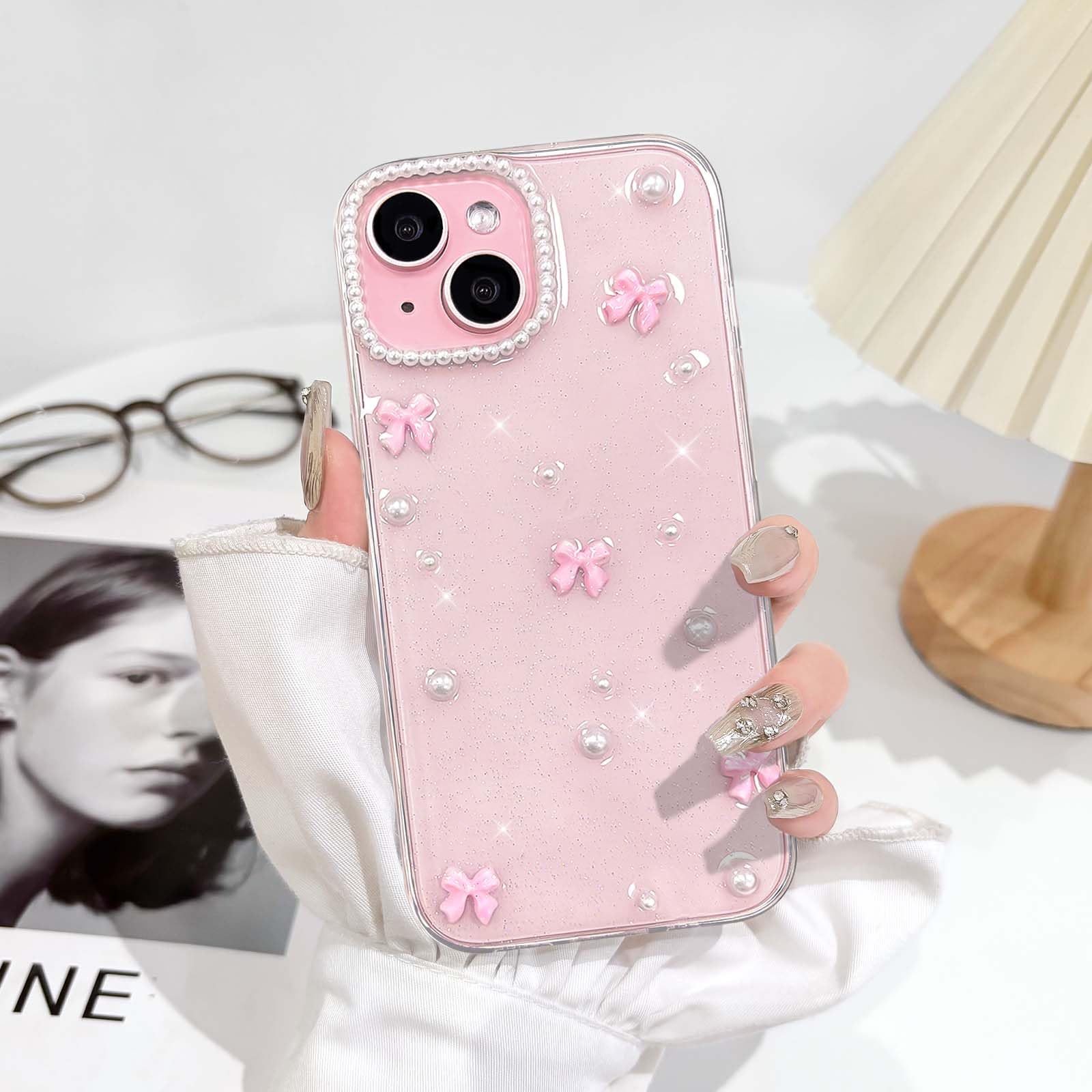 Pajony Cases For IPhone 13, Luxury Glitter 3D Rhinestone Bow Phone Cover Soft Litchi Pattern Protective Phone Case For IPhone 13 6.1" 2021