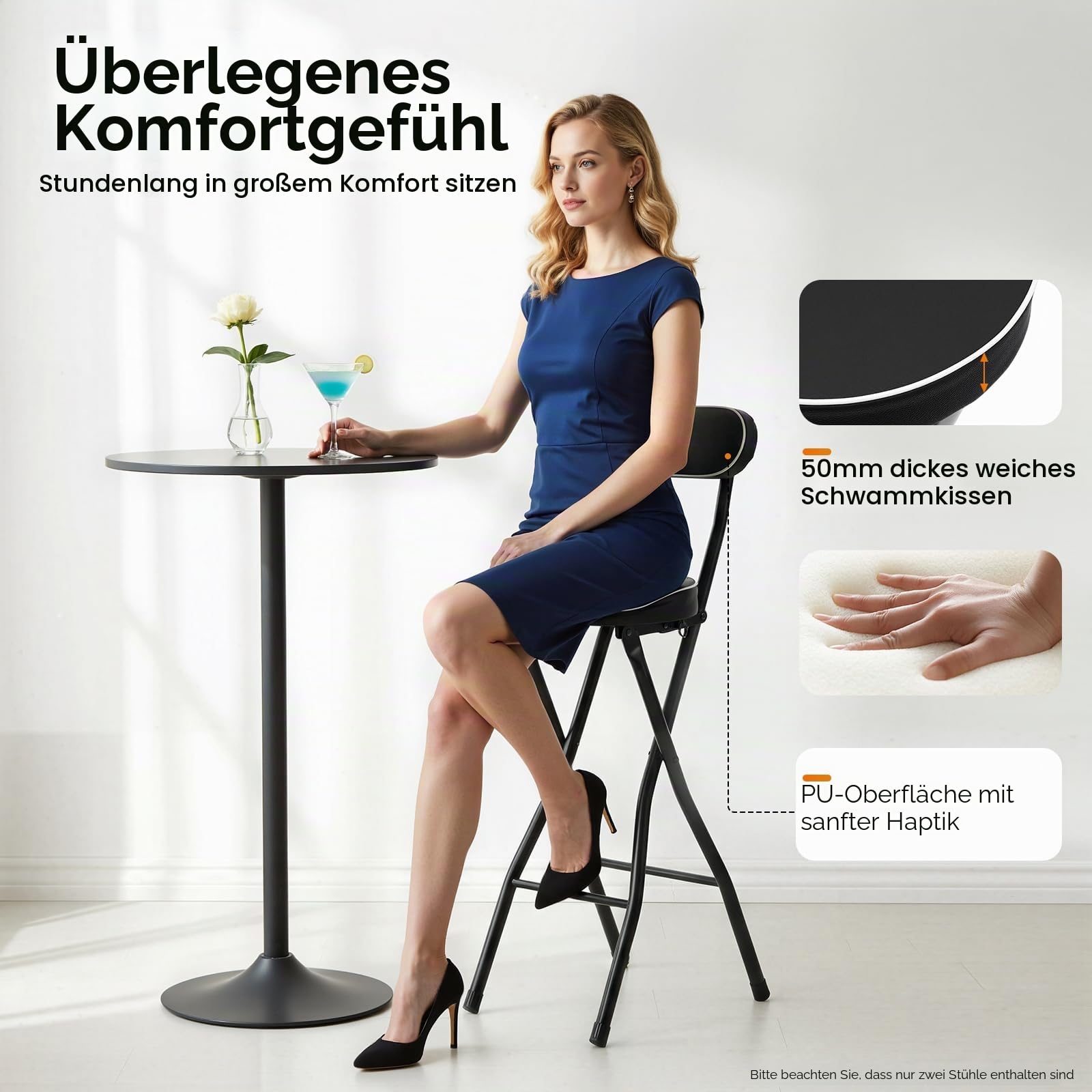 Klappbar Barhocker, 2er Set Bar Hocker mit Lehne, Klappbarer Stehhocker für Bar und Tresen, Jeder Stuhl Belastbarkeit 125kg, Schwarz