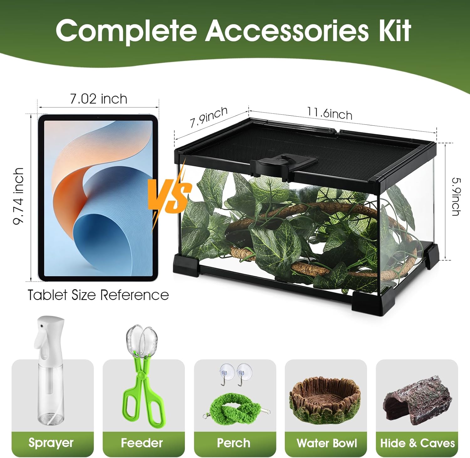 Small Reptile Terrarium Glass Kit 7 Piece Starter Habitat for Tarantula,Lizards,Frogs,Geckos,or Hermit Crabs,Tank with Escape-Proof Locking Lid, Hygrometer, Hide, Tweezer, Bowl, Sprayer