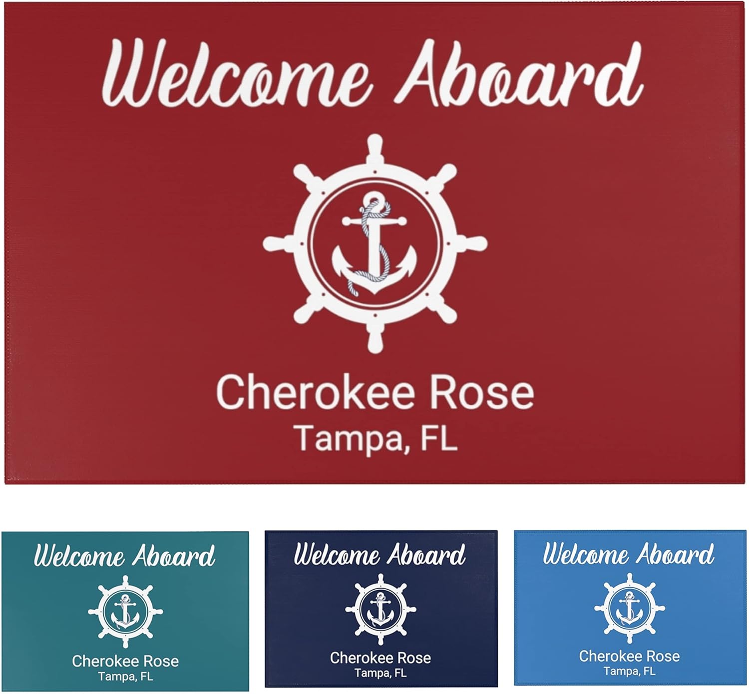 Welcome Aboard Mat for Boats, Personalized Nautical Rug, Maritime Decor, Coastal Doormat, Custom Gift for Boaters (36" 24", Navy)