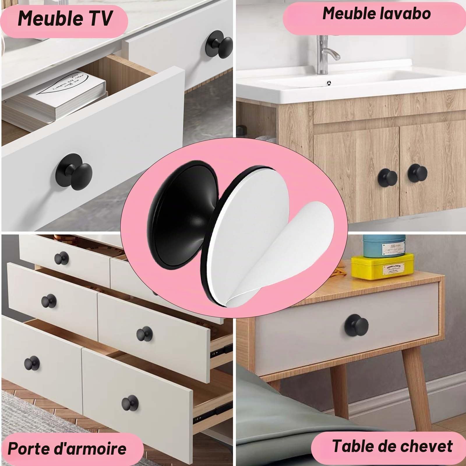 8 Pièces Rond Autocollante Boutons d'Armoire, Noir Poignée de Meuble Poignée pour Tiroir Sans Percage, Rond Bouton de Meubles autocollante Poignet de Tiroir Autocollante