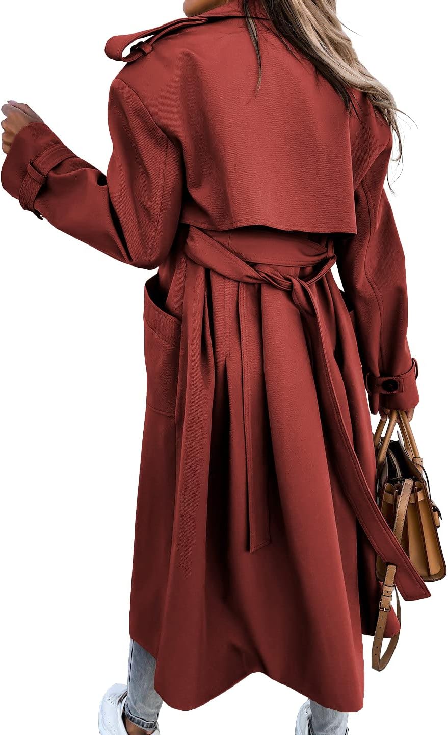 Fisoew Women's Double Breasted Long Trench Coat Windproof Classic Lapel Belted Overcoat with Pockets - Image 4