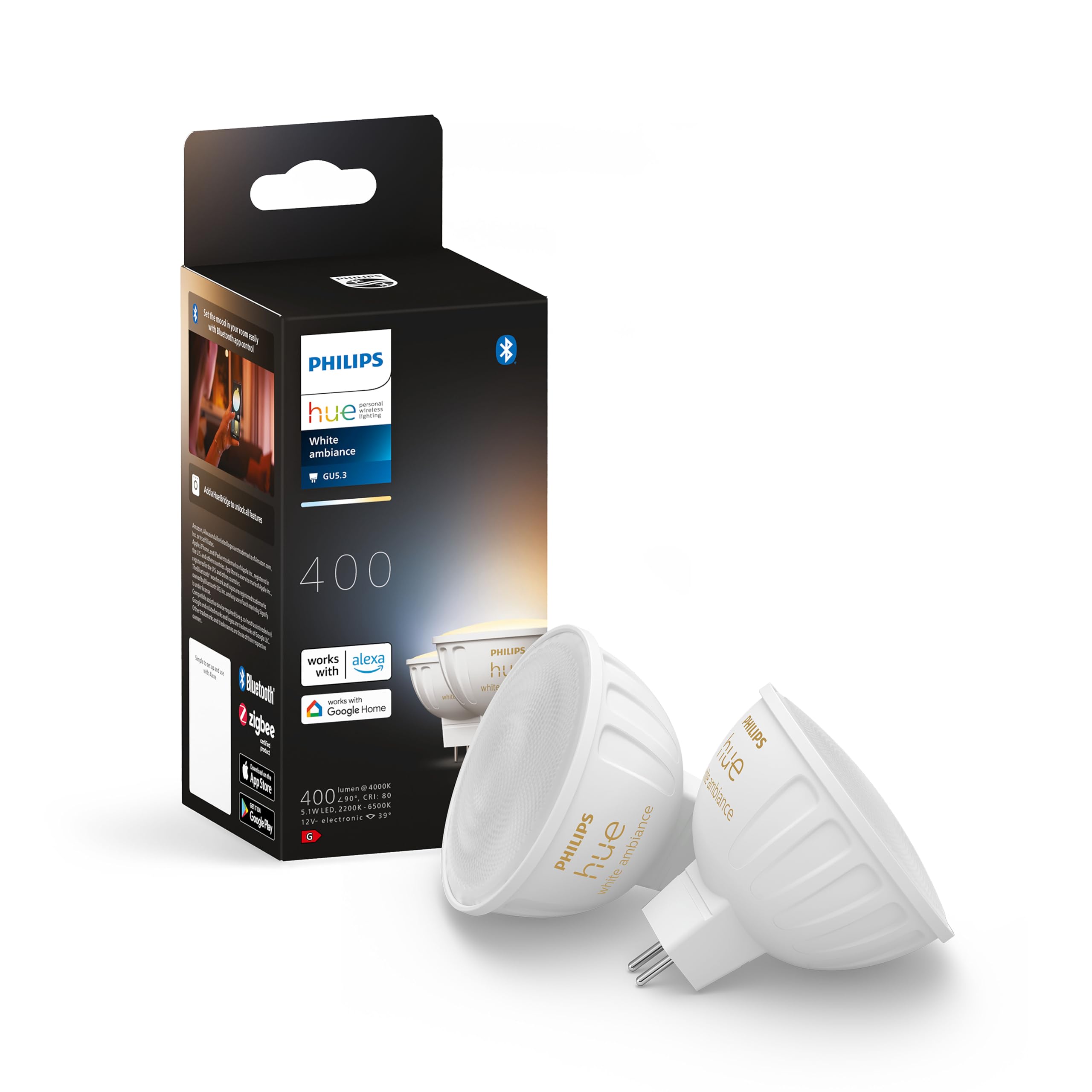 Philips Hue Starterpaket - GU5.3 - mit 4 Spots (MR16) - 12V - Warm bis Kaltweißes Licht - inkl. 1 Hue Bridge - Hue White Ambiance