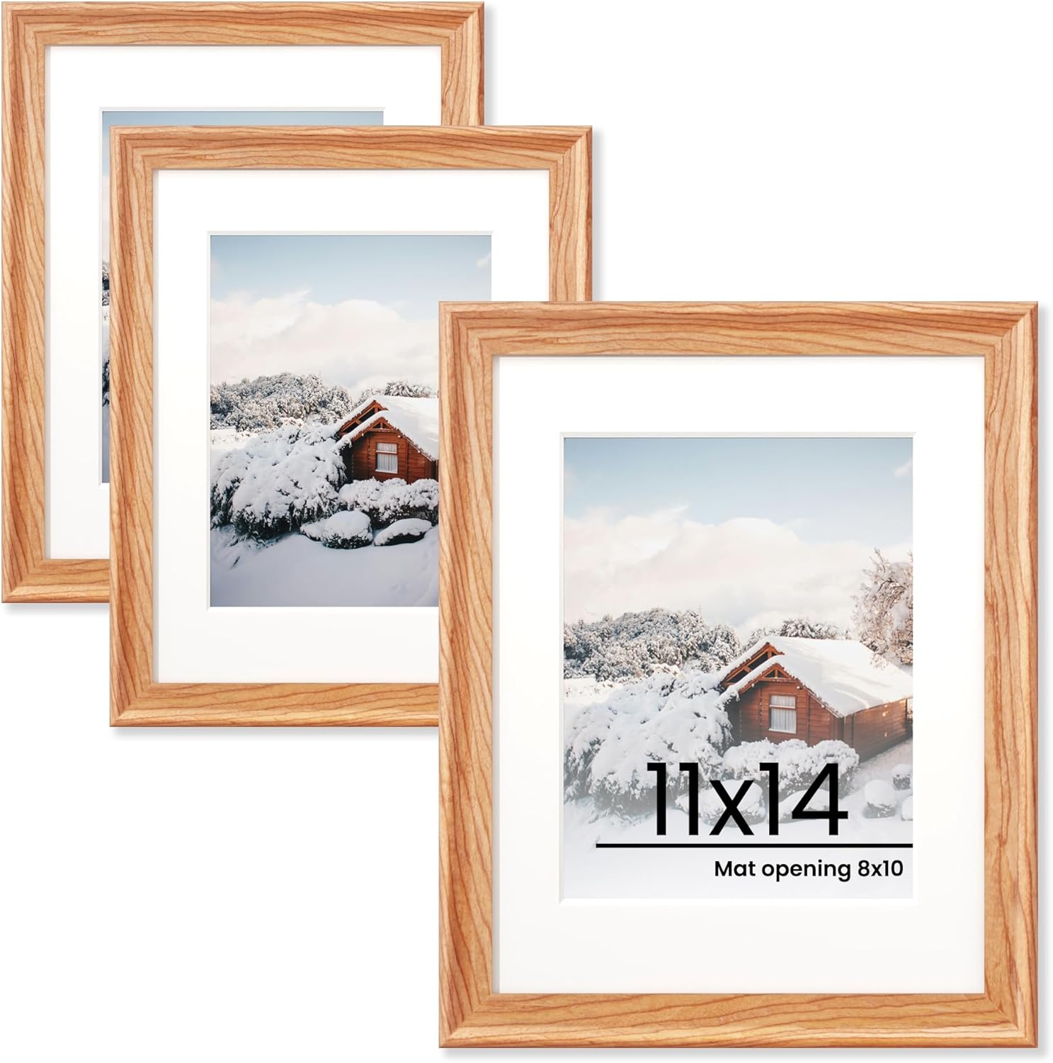 11x14 Picture Frame with 8x10 Mat, Rustic Solid Wood Photo Frame, High Definition Plexiglass, Vertical and Horizontal Display, Wall Hook Hanging Hardware Included, 3 Pack, Cherry Wood Grain