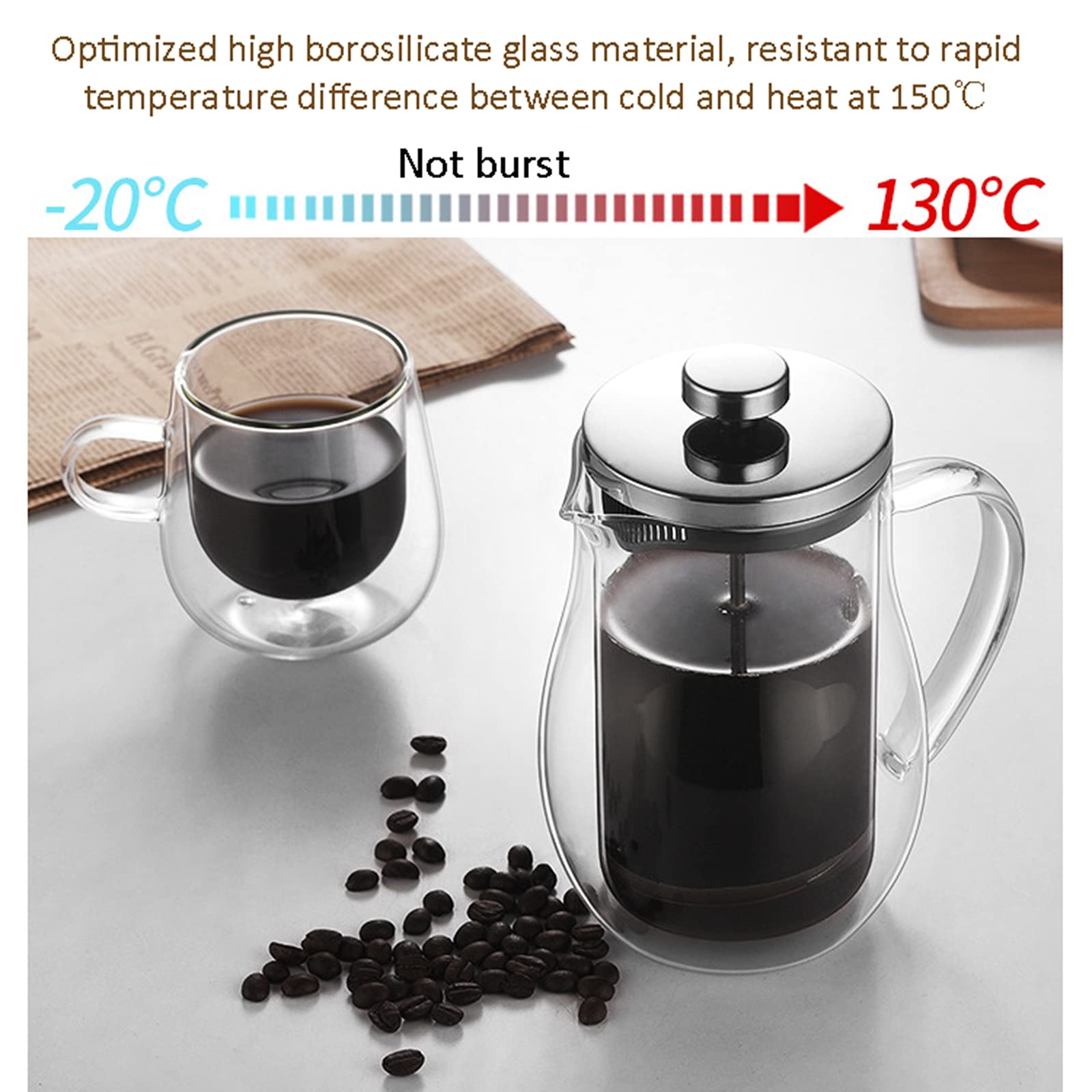 French Press zaparzacz do kawy dzbanek do herbaty podwójna ścianka szkło borokrzemowe 304 system filtracji ze stali nierdzewnej przezroczysta prasa do kawy, bursztyn, 600 ml