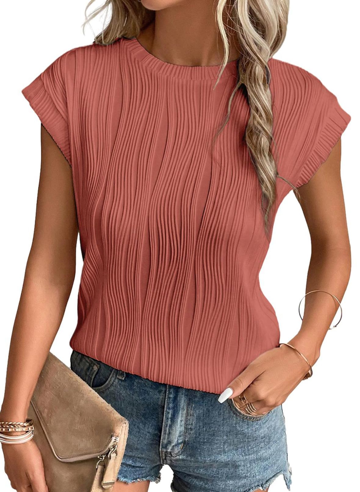 EVALESSWomens Short Sleeve Textured Tops Crewneck Knit Solid Loose Casual Basic T Shirts Tee Blouses