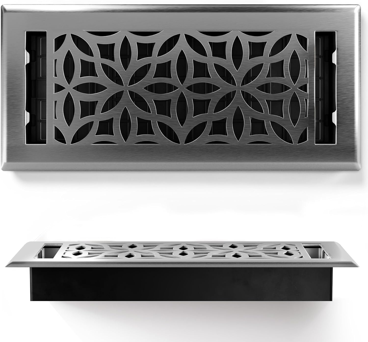 Floor Register 4x10 Vent Cover – 8 Pack – Heavy-Duty Steel, Rustproof & Walkable Grates, Easy Drop-in Install, Adjustable Air Supply Switch - Decorative Floral Design, Brushed Nickel