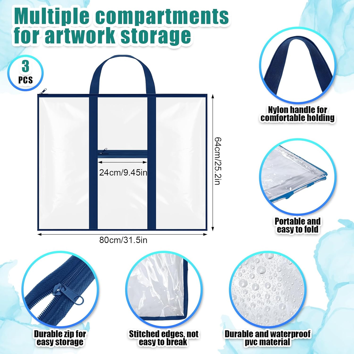 Gilprop 3 Pack Large Poster Storage Bags 31.5"×25.2" PVC Art Portfolio Container Bulletin Board Poster Pocket with Zipper Handle Pockets for Teacher Artist Organization (Blue, Clear)