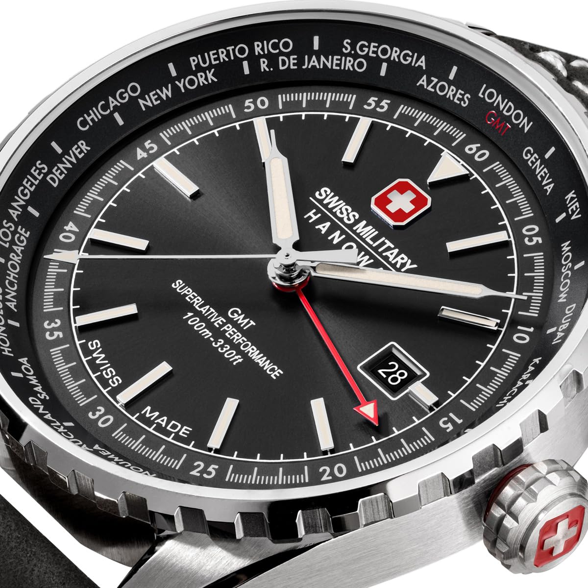 Swiss Military Hanowa Afterburn GMT Herrenuhr mit Lederarmband oder Metallband mit Datum und Saphirglas