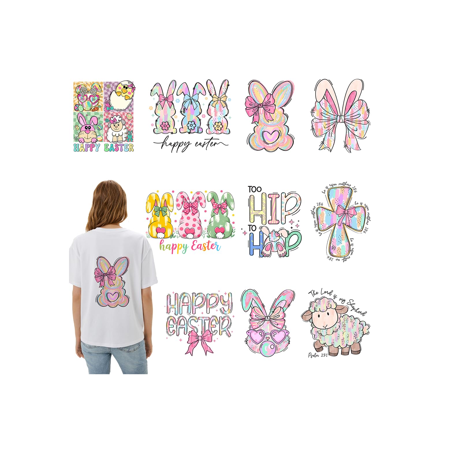 Photo 1 of 10 Sheets Easter DTF Transfers Ready to Press, Easter Iron on Transfers, Easter Transfer Paper for T Shirts Heat Press, Easter Patches Canvas Bag, Pillow, Hoodie DIY Crafts