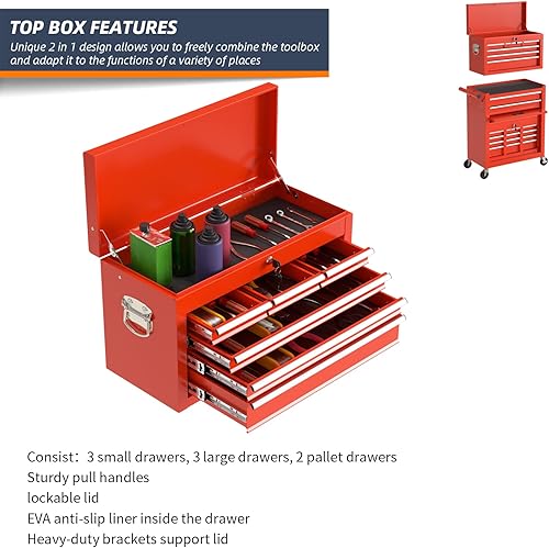 Miniatura 4 de Caja de herramientas con ruedas de 8 cajones, caja de herramientas con cerradura con ruedas y cajones, gabinete de herramientas de almacenamiento de