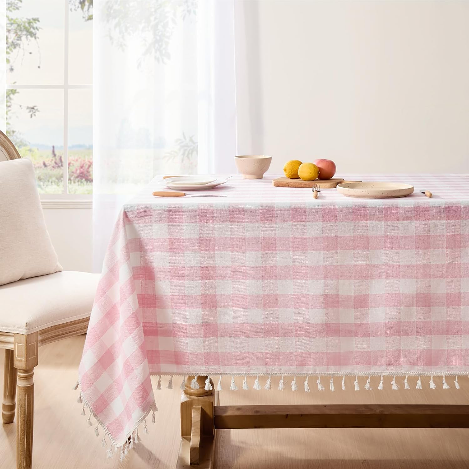 Softalker Checkered Tablecloth Rectangle, Heavy Weight Linen Cotton Gingham Boho Table Cloth with Tassel, Washable Wrinkle Free Buffalo Plaid Table Cover for Dining/Party/Outdoor - 55 x 84 Inch, Pink