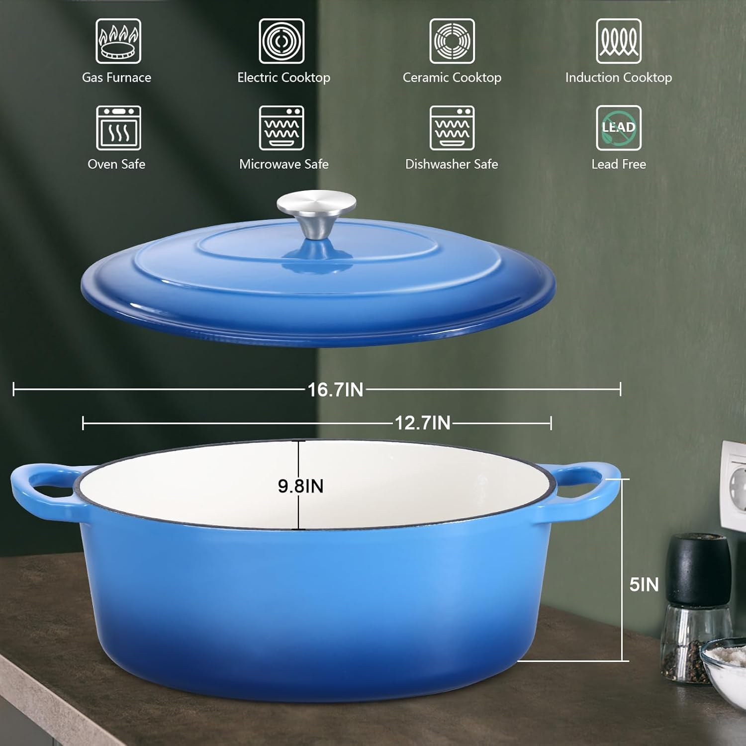 7QT Dutch Oven Pot with Lid, Leonyo 1QT Enameled Cast Iron Sauce Pan with Lid, Oval Enameled Cast Iron Dutch Oven for Bread Breaking, Up to 500°F