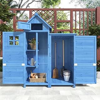 Cobertizo de madera para jardín, 118 x 54 x 173 cm, resistente a la intemperie, techo de PVC, color azul
