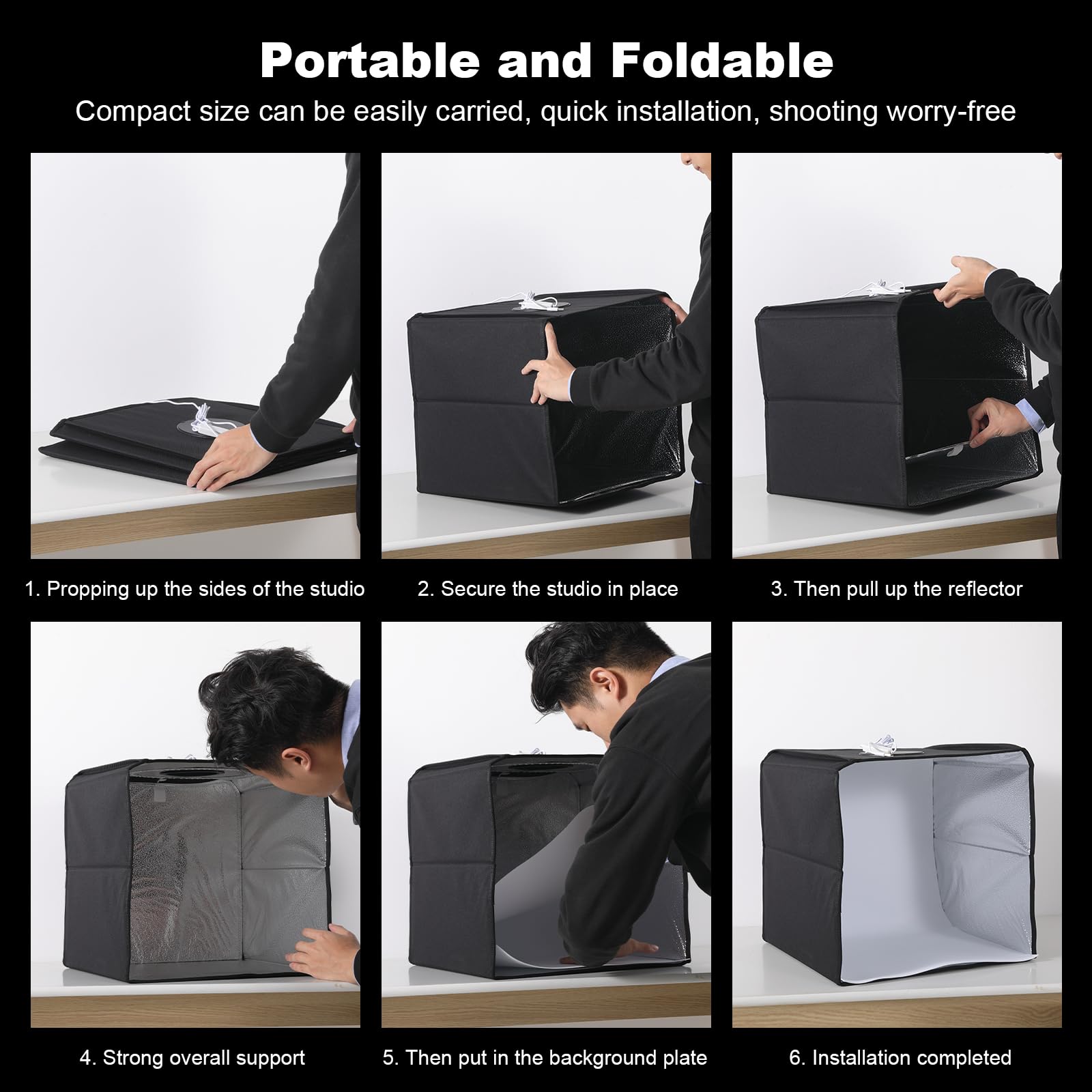 Soonpho Light Tent Photo Box,Photo Studio Foldable Photo Box Photography Light Tent Kit con luminanza 26lm,64 luci LED dimmerabili,3000K-6500K,6 sfondi colorati per piccoli prodotti (25x25x25 cm)