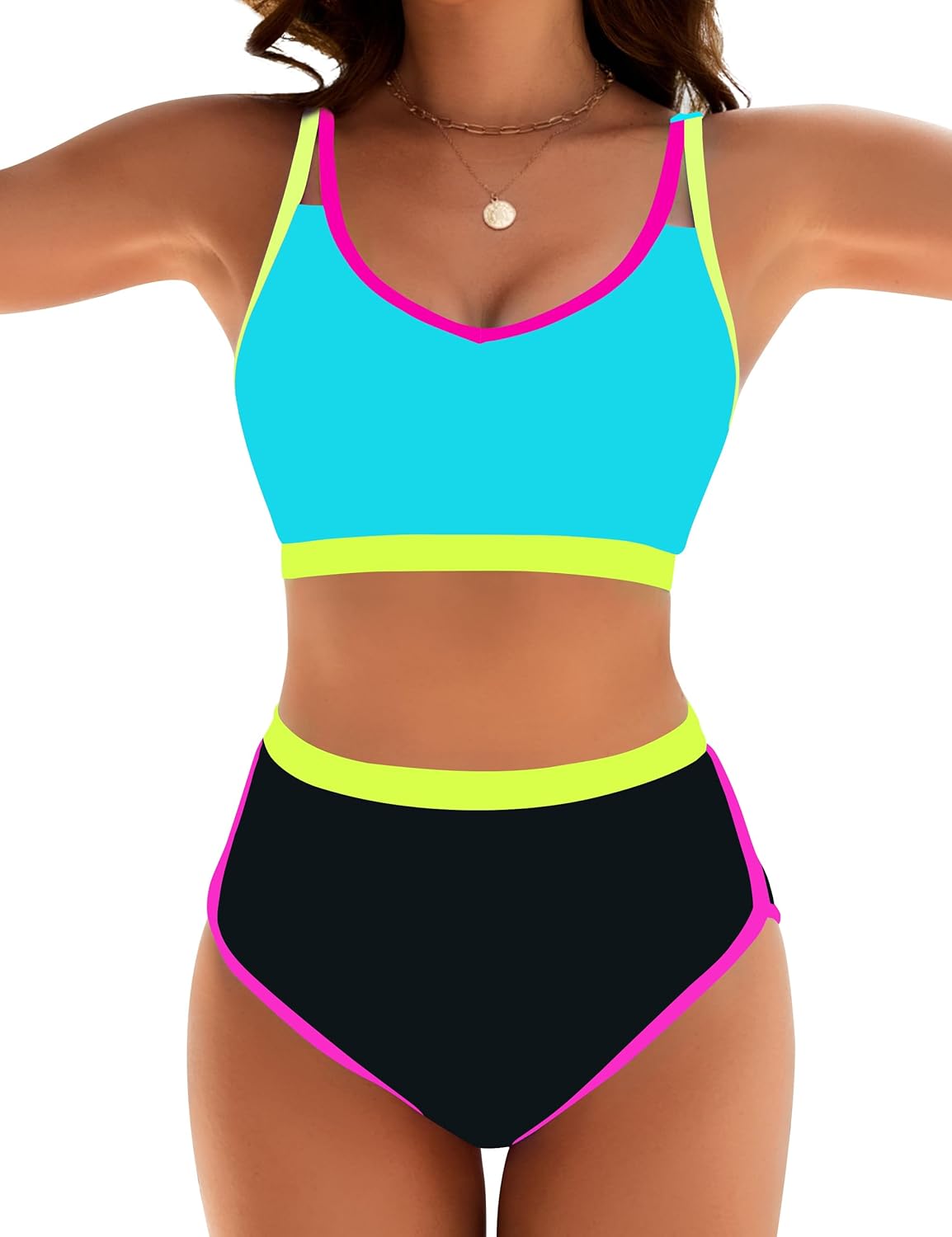 Blooming Jelly Womens High Waisted Bikini Sets Two Piece Swimsuits Modest Color Block Bathing Suits