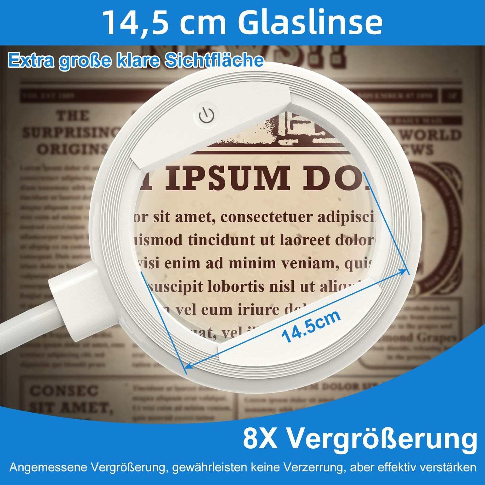 8 x lupa ze światłem i stojakiem, 56 diod LED, możliwość ściemniania, lampa stojąca z 3 trybami kolorystycznymi, 2 w 1, duża lupa, lampa podłogowa do szycia, malowania, rzemiosła artystycznego