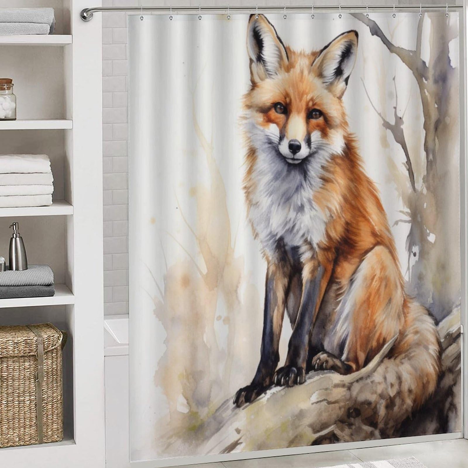 Duschvorhang-Set, Motiv: Aquarell, Fuchs, abstrakte Natur, Tier, Badezimmer-Dekoration, 4-teiliges Badezimmer-Zubehör-Set mit Teppichen, Vorhang und 12 Haken