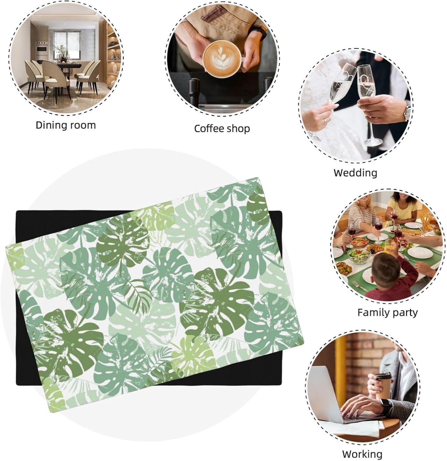 Green Palm Leaves Placemats,Watercolor Tropical Nature Plant Leaves,Washable Table Mats for Kitchen Dining Table Home Decor 6 PCS