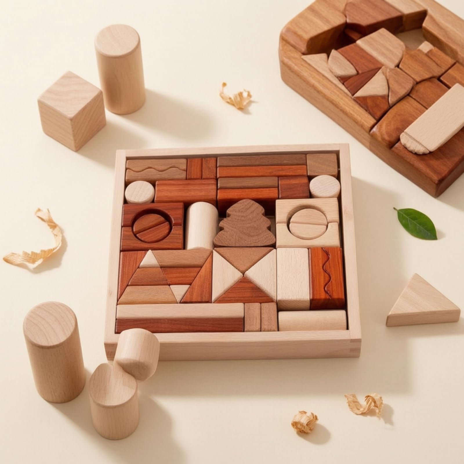 Qianly 43 Pezzi Blocchi di Legno con Vassoio Naturale Blocchi di Costruzione in Legno Montessoriano Costruzioni per Scuola Scuola Dell'infanzia, Blocchi Di Legno Naturale