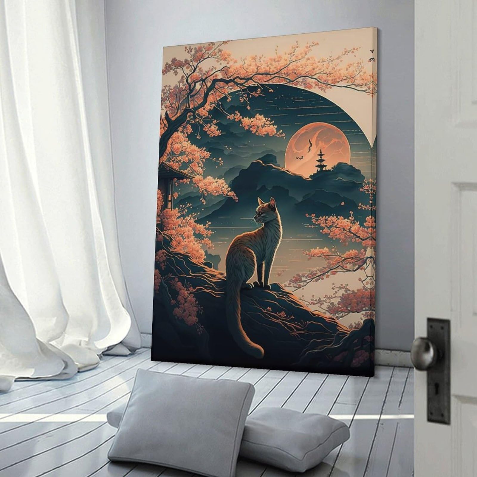 Junmoney Frame-Style Cat Cherry Blossoms Wall Art Print, 20X30inch(50X75cm), For Living Room, Bedroom, Office Or Hallway, A Flexible Wall Accent For Shared Spaces