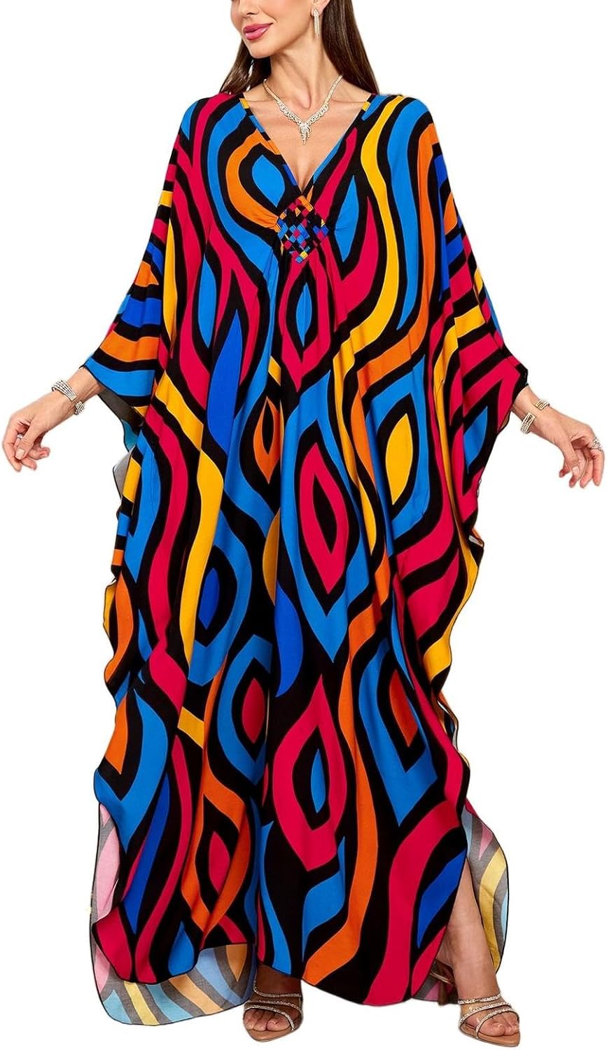 Boho Kaftan Plus Size Dress for Women, Batwing Sleeve Beach Cover Up, Casual Loose-Fit Loungewear and Swimsuit Dress