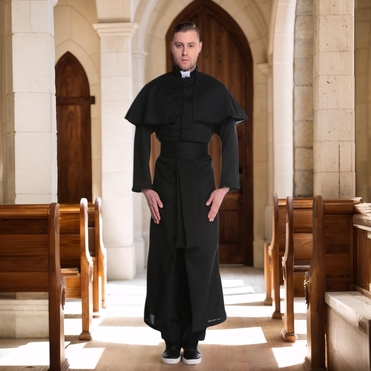 Monk Costume Adult Men, Priest Renaissance Friar Robe Church Clergy Dress Up Exorcist Abbe Father Halloween Outfit - Image 7