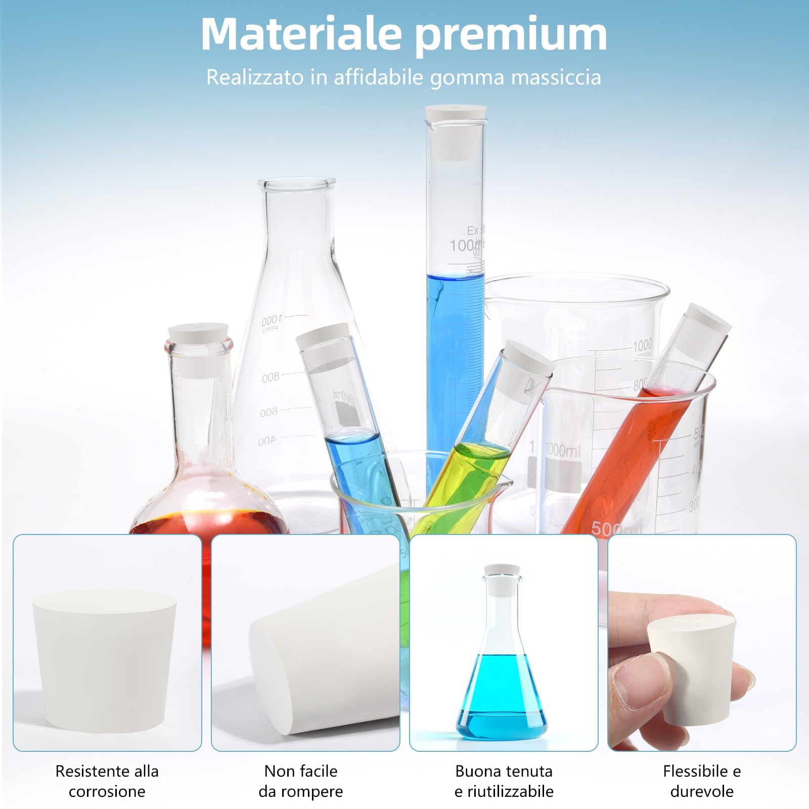 Tappo in Gomma Conico Bianco - Set da 32 Tappi per Laboratorio in 13 Misure, Tenuta Stagna per Palloni, Provette e Tubazioni, Riusabile come Tappo di Scarico