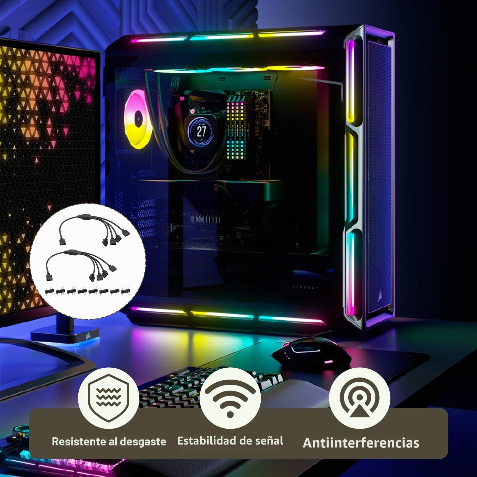 2 Piezas Cable Divisor ARGB 5V 3 Pines 1 a 4 en Y, Conector Splitter de 30 cm para Ventiladores y Tiras LED RGB Direccionables, Compatible con Placas Base ASUS MSI con Conector ARGB de 3 Pines