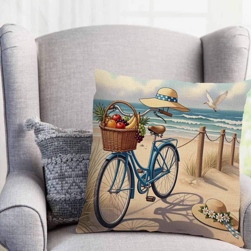 Vintage Beach Throw Pillow Cover 18x18,Coastal Bicycle Fruit Basket Straw Hats Seaside Summer Decorative Cushion Cover,Linen Blend Square Pillowcase for Sofa Couch Bed image 4