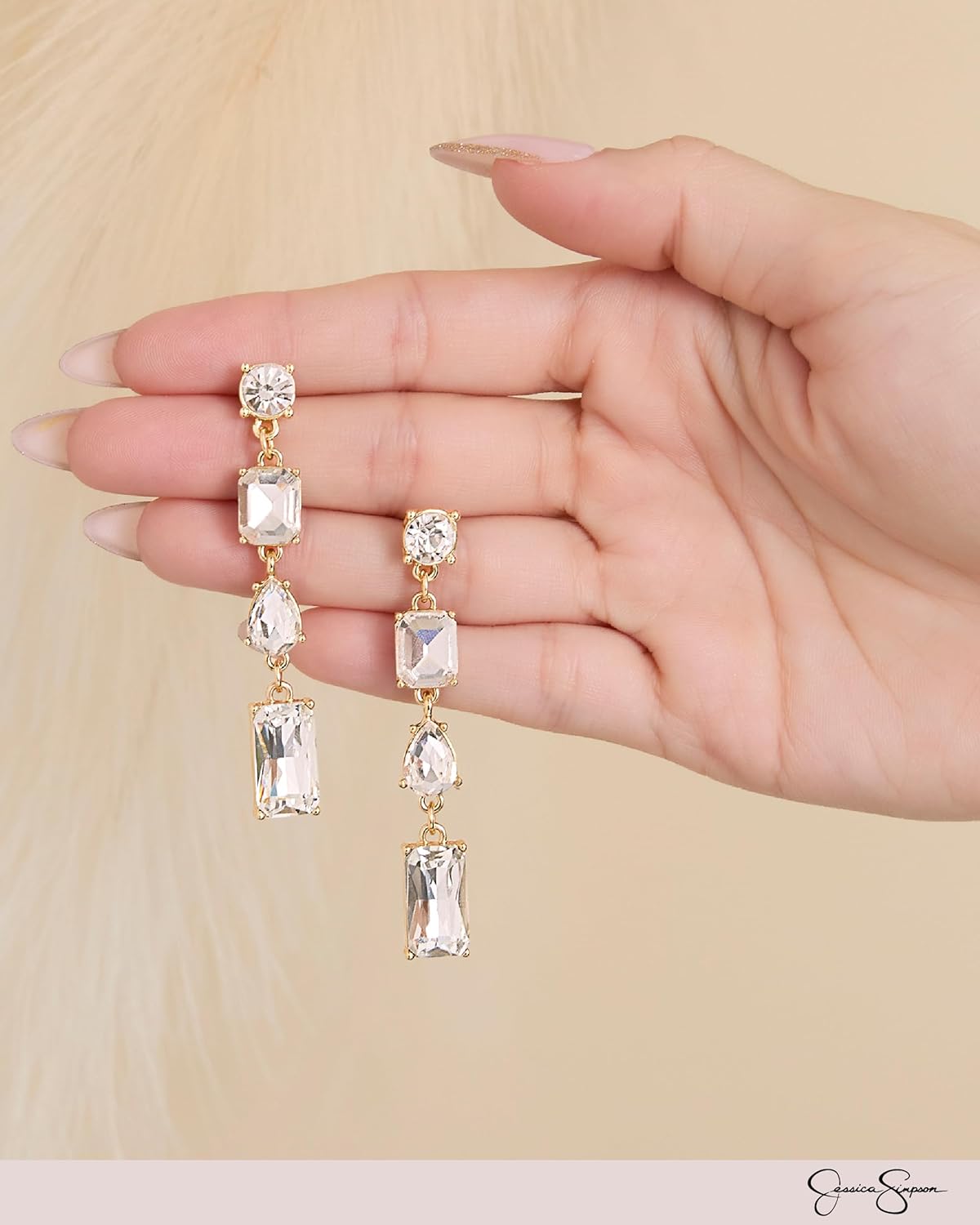 Jessica Simpson Clear Crystal Dangle Earrings for Women, Gold-Tone Rhinestone Valentines Earrings - Image 3