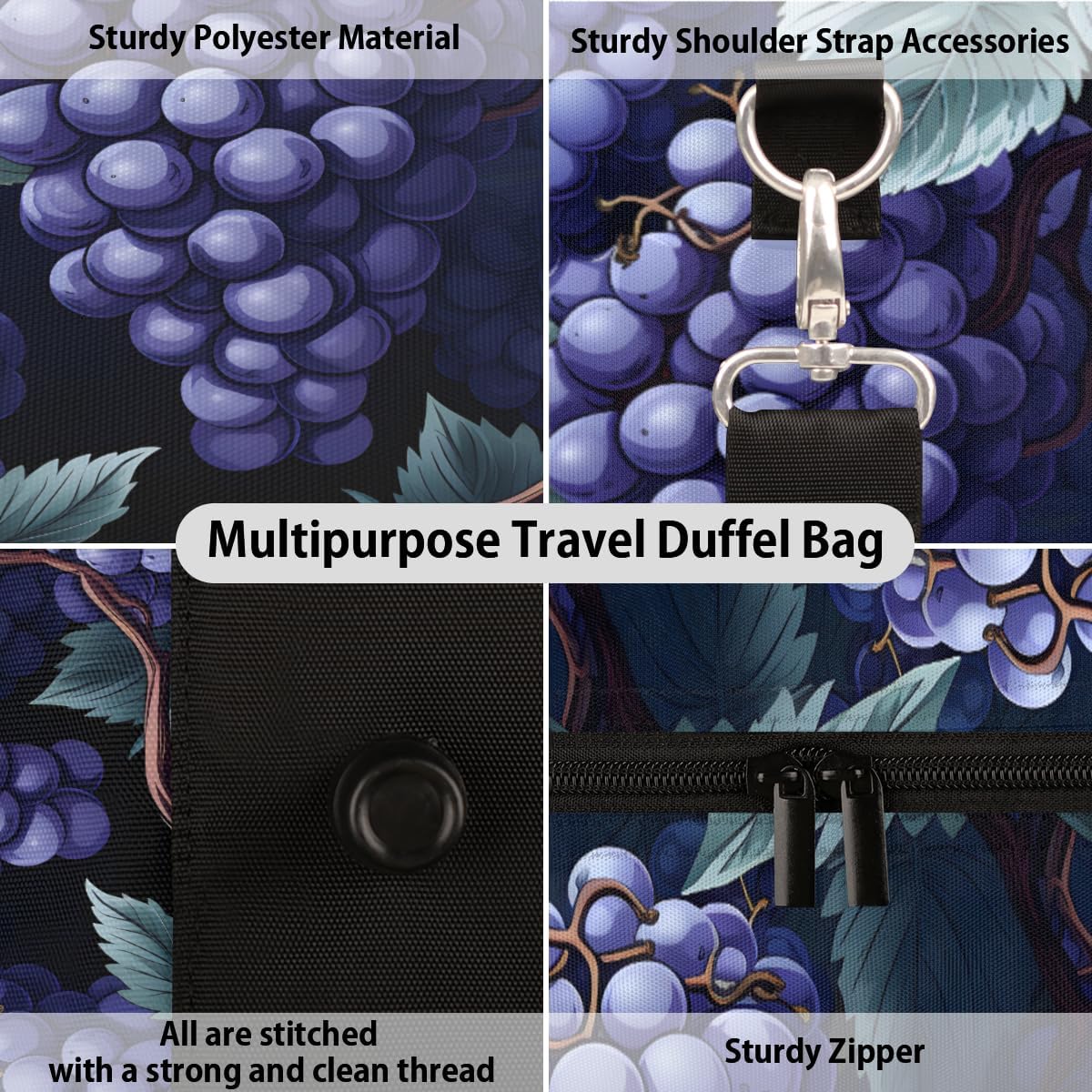 Beautiful Watercolour Grapes Travel Duffel Bag for Women Men Large Capacity Overnight Weekender Bags for Lightweight Waterproof Sport Gym Bag for Workout Yoga Swim
