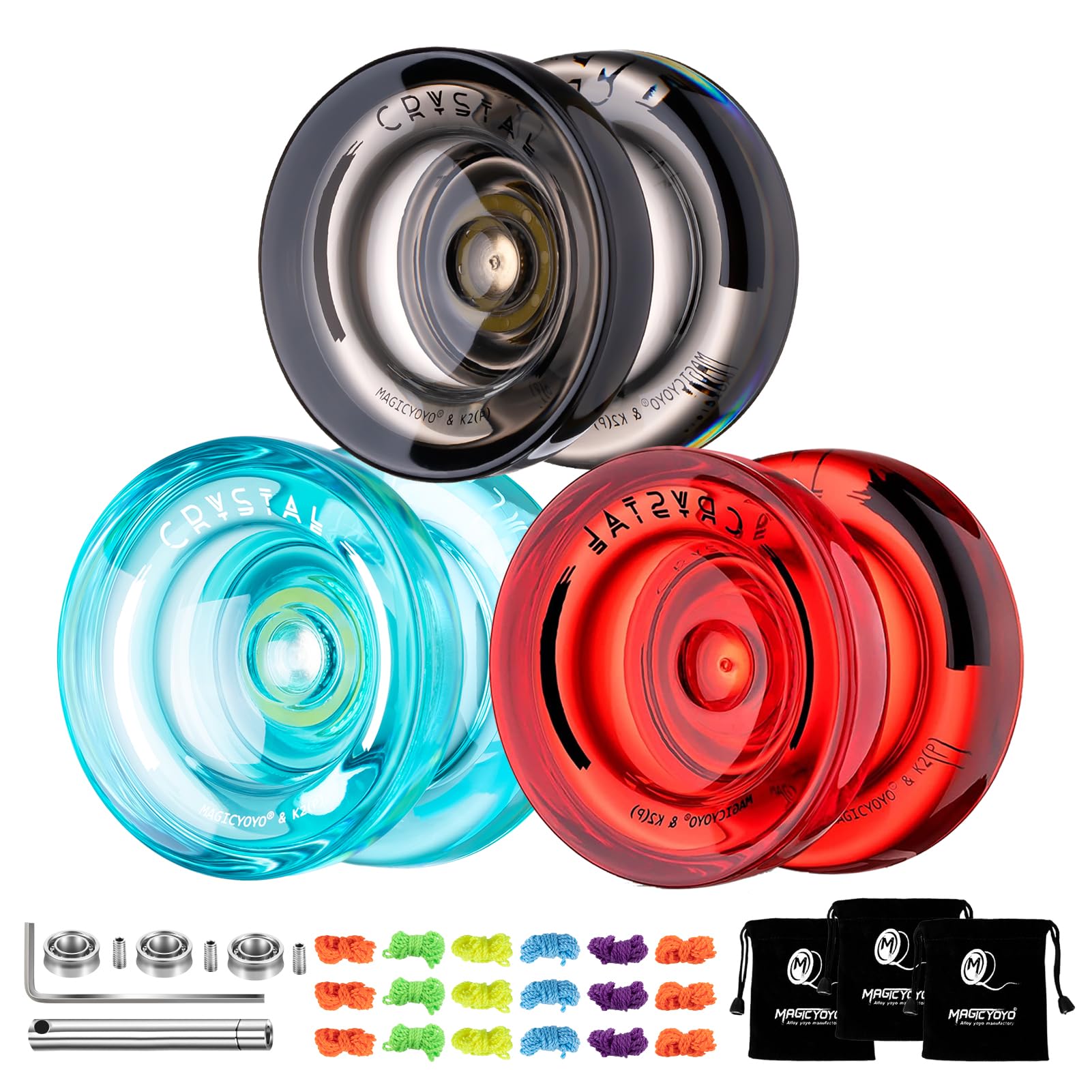 3 Pack of Yoyo K2 Crystal, Responsive Yoyos for Kids Beginner, Dual Function Yoyos with Replacement Unresponsive Yoyo Bearings Kit for Advanced Player+18 Yoyo Strings+3 Bags (Black +Green +Red)