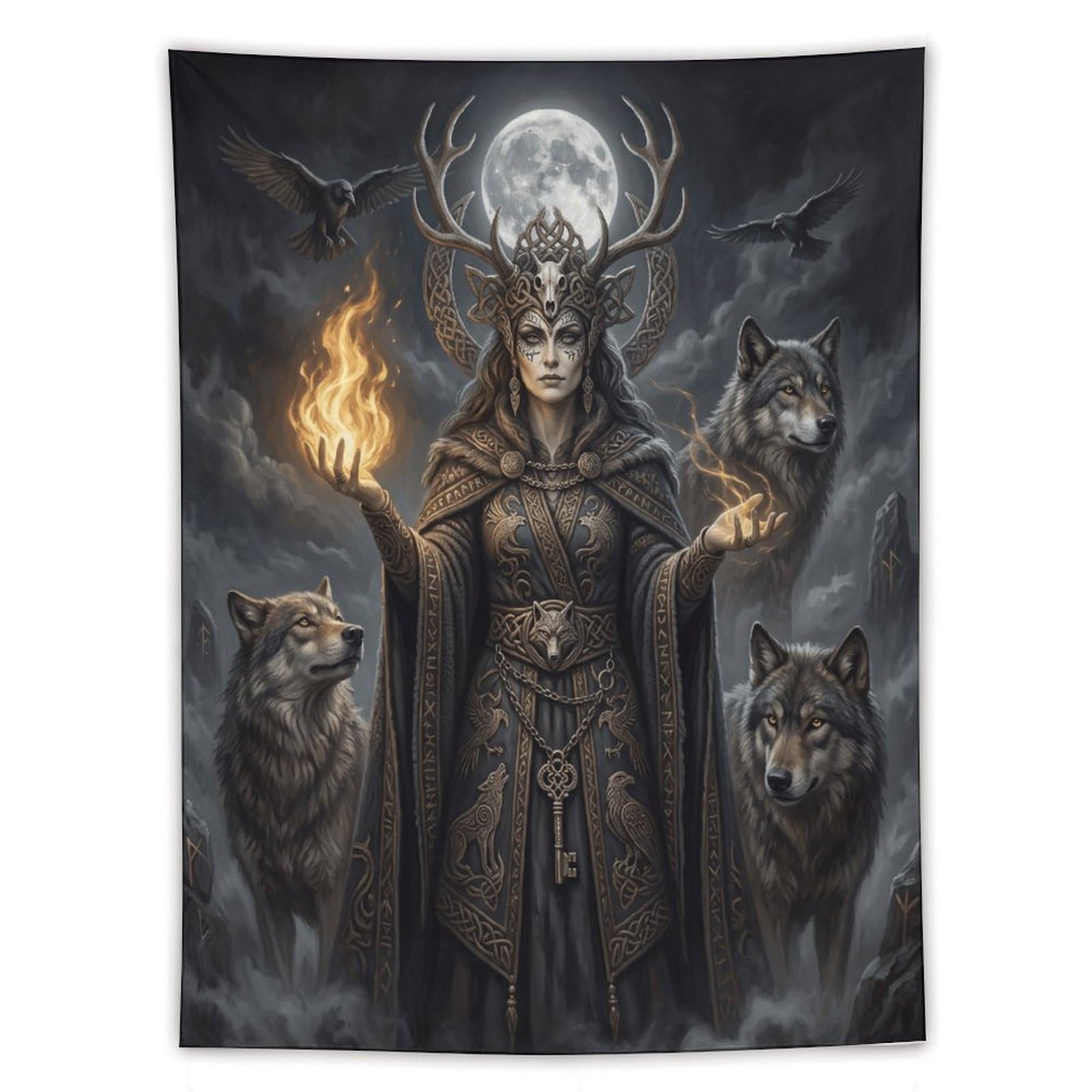 H3B8U2Y5 Wolf Goddess Moonlit Wall Tapestry, Realistic Illustration Style