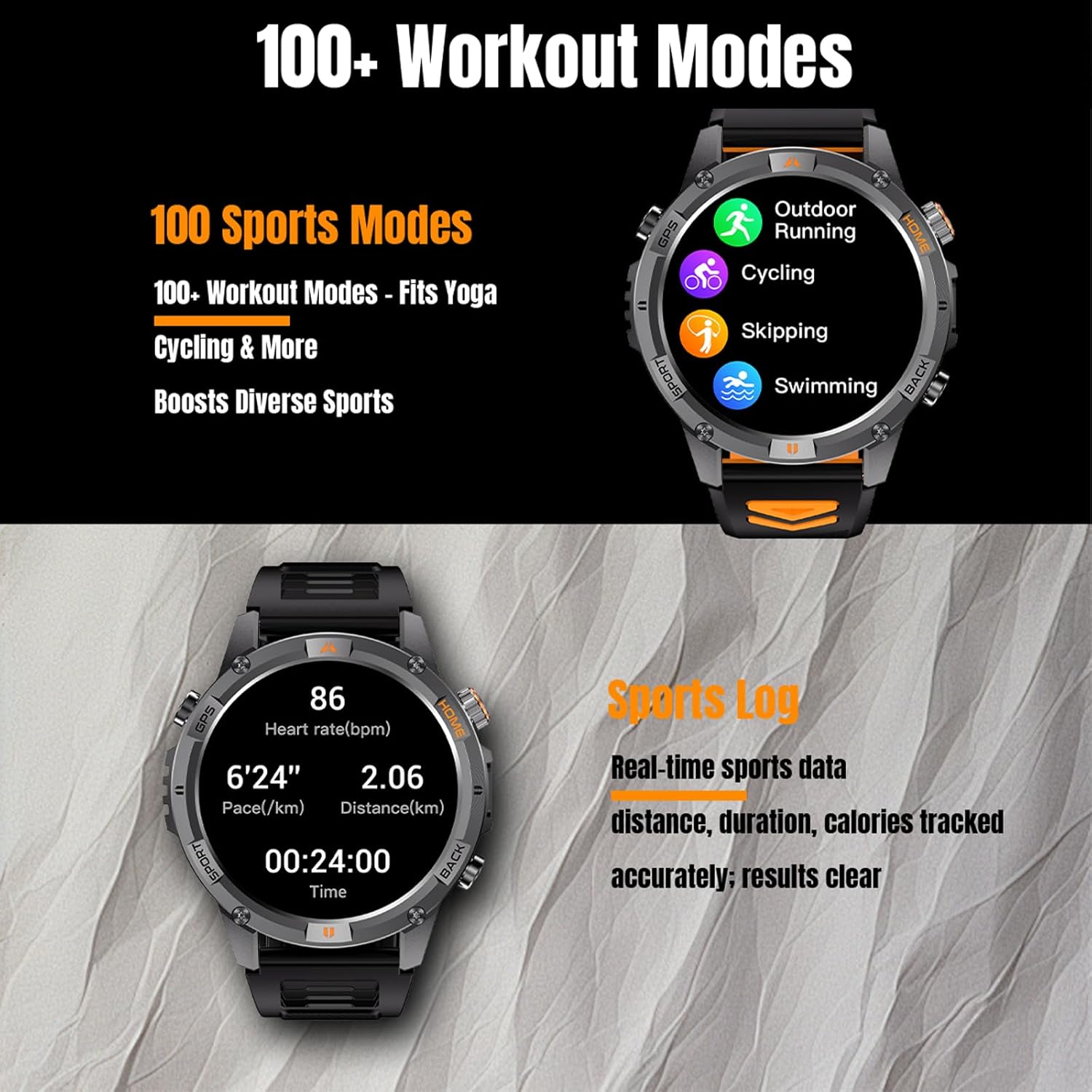 Yihou GPS Smart Watches for Men Fitness Watch Fitness Tracker with Compass Heart Rate Monitor Sleep Monitor Sports Modes Flashlight for Android iOS Black Orange