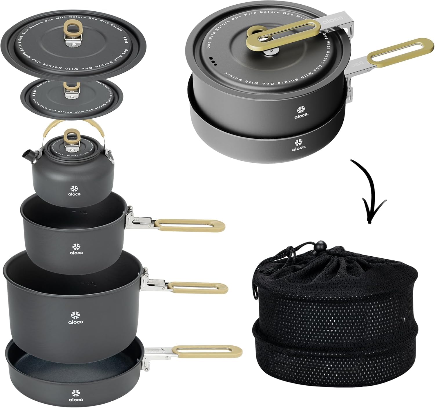 Alocs Camping Cookware set, Portable Non-Stick Camping Pan Set with Enhanced Handle,Lightweight Outdoor Cookware for Outdoor Kitchen, Picnic, Hiking and Fishing