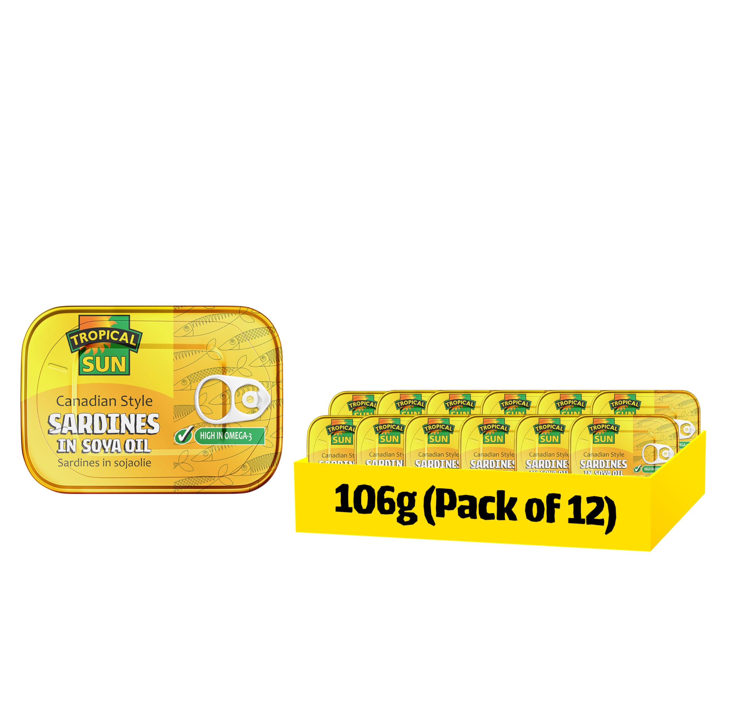 Tropical Sun Canadian Style Sardines in Soya Oil | 106g All Natural Tinned Sardines Protein and Omega-3 | Freshly Packed Tinned Fish for a Rich & Nutritious Taste (Pack of 12)