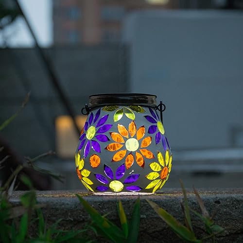 Miniatura 7 de Afirst Faroles solares de mosaico para exteriores, luces solares colgantes de cristal, ahuecadas, impermeables, lámpara de mesa decorativa al aire